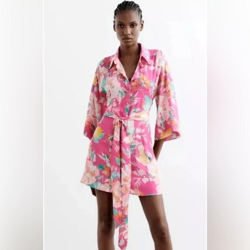 Zara Satin Kimono Dress Tunic Pink Floral 3/4 Slv. Belt Luxury Comfort Feminine